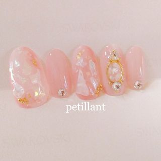 うる艶nailピンクﾍﾞｰｼﾞｭ　スワロフスキーNo37