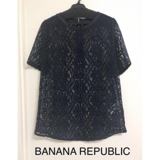 バナナリパブリック(Banana Republic)の美品バナナリパブリック クルーネック レーストップス 半袖ブラウス ネイビー S(シャツ/ブラウス(半袖/袖なし))