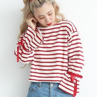 ドットアンドストライプスチャイルドウーマン(Dot&Stripes CHILDWOMAN)の今季　ビアリッツ天竺ボーダー　袖口リボンプルオーバー(カットソー(長袖/七分))