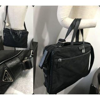 プラダ(PRADA)の18万プラダサフィアーノ革レザー多ビジネスバッグVシリーズ黒ブリーフケース良好(ビジネスバッグ)