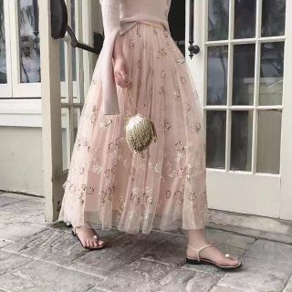 スパンコール フラワー チュール ロング スカート ピンクページュ(ロングスカート)