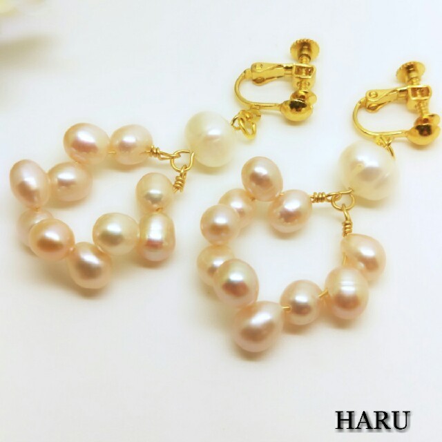 ・HTNK・・・ピンク&ホワイト淡水パール ピアス イヤリング P0106 ハンドメイドのアクセサリー(イヤリング)の商品写真