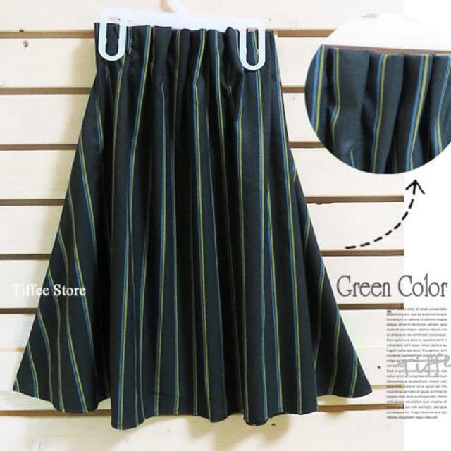 ストライプ柄ウエストタックスカート深緑 レディースのスカート(ひざ丈スカート)の商品写真