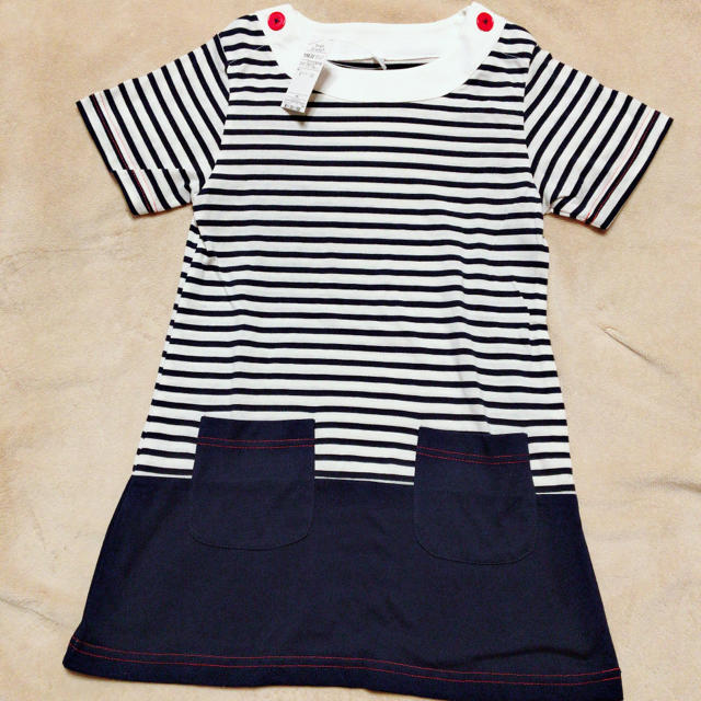 ◆新品・タグ付◆女の子用 ワンピース◆110cm◆ボーダー◆ネイビー◆ キッズ/ベビー/マタニティのキッズ服女の子用(90cm~)(ワンピース)の商品写真