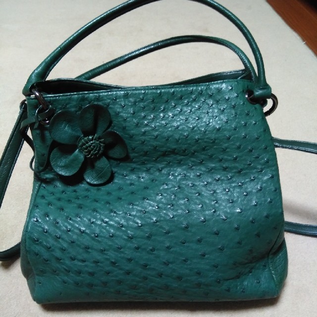 美品 オーストリッチ OSTRICH バッグ バケツ型 ハンドバッグ 本革 カバン 鞄 レディース グリーンカラーグリーン