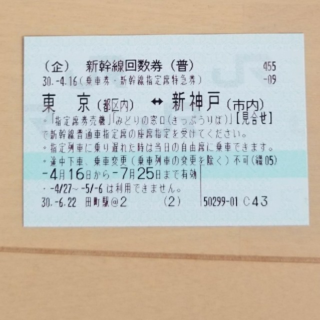 JR(ジェイアール)の新幹線回数券【東京↔新神戸】 チケットの乗車券/交通券(鉄道乗車券)の商品写真