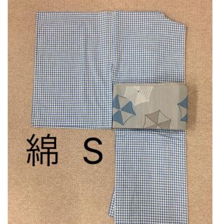 《新品》着物♡帯プレゼント♡青チェック 綿(着物)