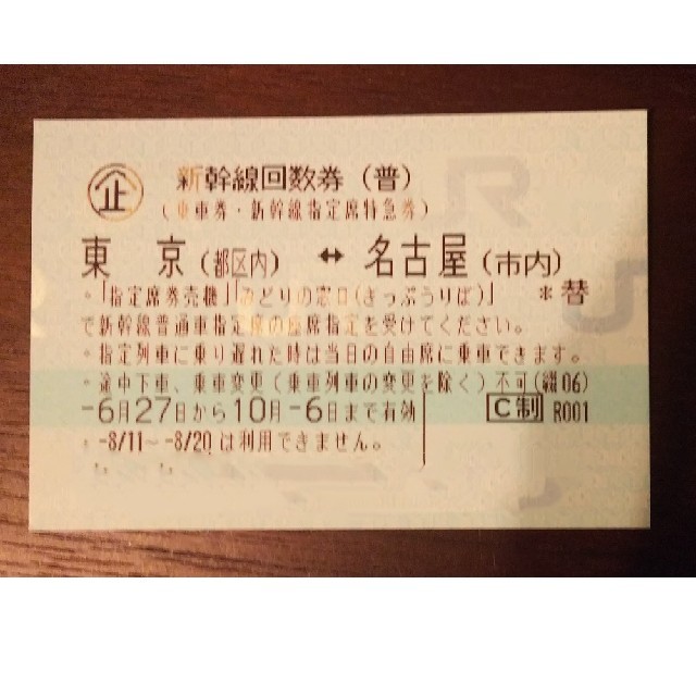 新幹線回数券　東京（都区内）⇔名古屋（市内）間　（片道乗車券・指定席特急券）2枚