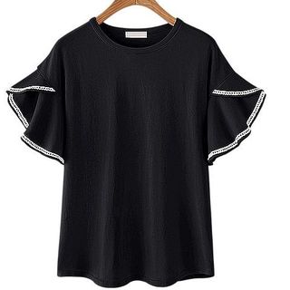 レースつきチューリップラインスリーブシャツ　ブラック(表記：XXL)(Tシャツ(半袖/袖なし))