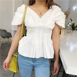 sale♡新品☆パフスリーブ☆トップス☆コルセット☆シャツ☆タイト☆白☆S(シャツ/ブラウス(半袖/袖なし))