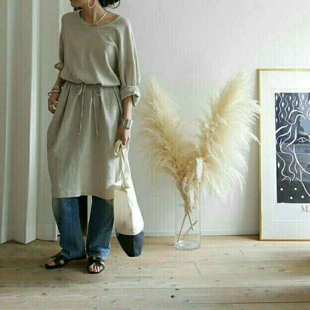 ARGUE linem-Cotton Vneck Dress BELT-SETひざ丈ワンピース
