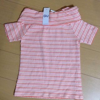 ジーユー(GU)のGU ボーダーリブ オフショルダーT(半袖)Mサイズ(カットソー(半袖/袖なし))