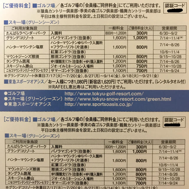 小夏様専用  東急不動産 スポーツご優待共通券 2枚 チケットの施設利用券(フィットネスクラブ)の商品写真