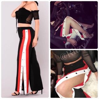 WIDE SLIT PANTS☆BLACK × RED/XS/M(カジュアルパンツ)