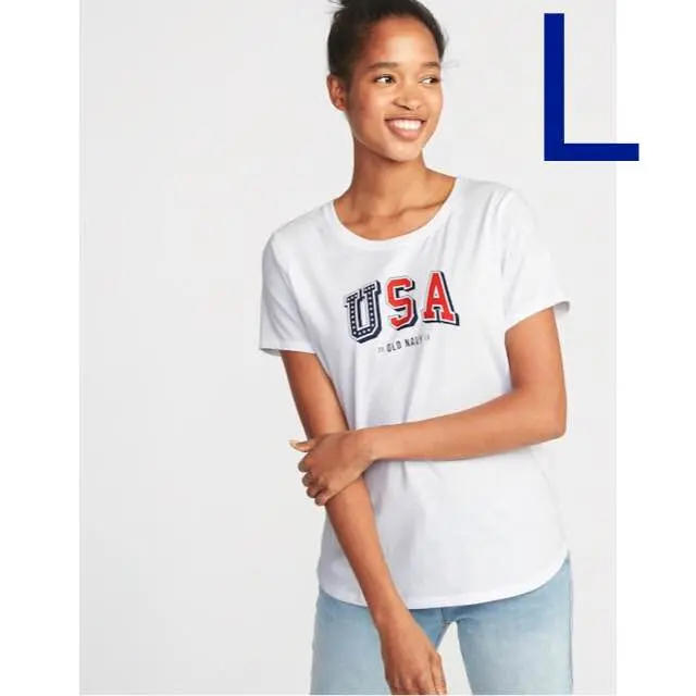 Old Navy(オールドネイビー)の2018年限定★OLD NAVY レディースLサイズ USAロゴTシャツ レディースのトップス(Tシャツ(半袖/袖なし))の商品写真
