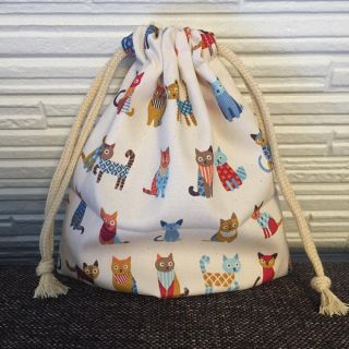 わかみー様専用　35 コップ袋♡白地ねこ ベージュ紐(外出用品)