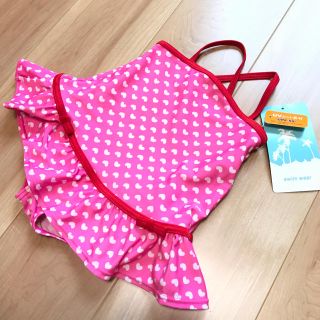 ニシマツヤ(西松屋)の【タグ付未使用】可愛いワンピース水着ピンク×白ドットハート UVカット素材(水着)