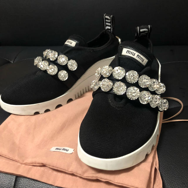 保存版】 - miumiu Miu ブラック ビジュースリッポン miu スニーカー