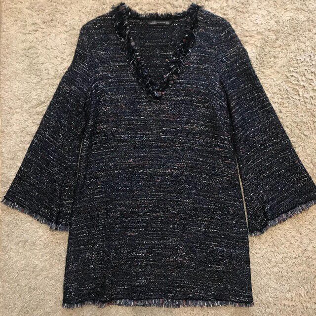 ZARA(ザラ)の新品/ZARA ツイード ベルスリーブワンピース/Sサイズ レディースのワンピース(ミニワンピース)の商品写真