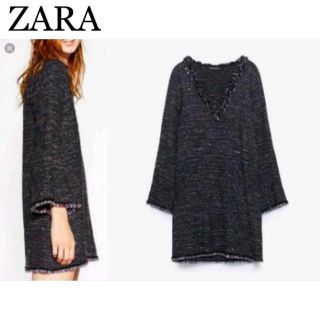 ザラ(ZARA)の新品/ZARA ツイード ベルスリーブワンピース/Sサイズ(ミニワンピース)