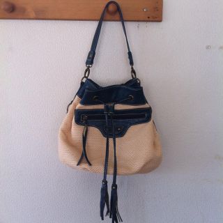 麻×ネイビー 巾着ショルダーバック(ショルダーバッグ)