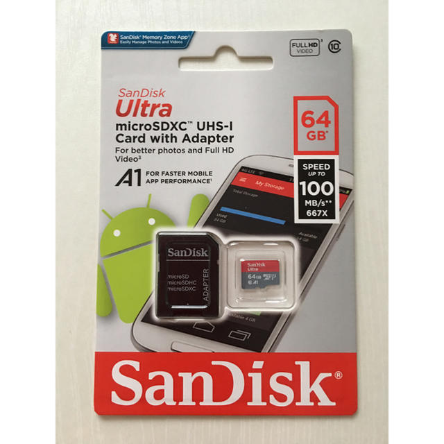 SanDisk(サンディスク)のSanDisk microSDXC 100MB/s64GB SD変換アダプター付 スマホ/家電/カメラのPC/タブレット(PC周辺機器)の商品写真
