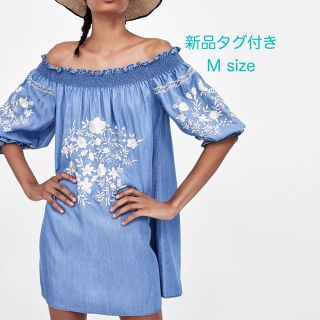 ザラ(ZARA)の【新品タグ付き】完売品!ZARA 刺繍オフショルダーワンピース M(ミニワンピース)