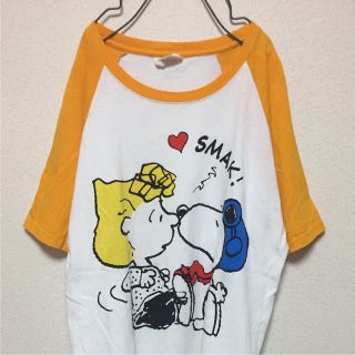 ピーナッツ(PEANUTS)の90s PEANUTS スヌーピー ビックロゴ 袖切り返し Tシャツ 黄×白(Tシャツ/カットソー(半袖/袖なし))