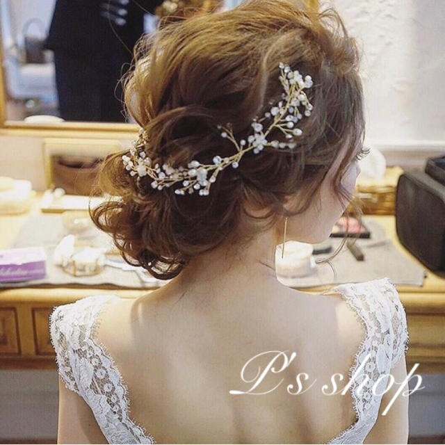 ヘアアクセサリー ゴールド 小枝風 結婚式 ウェディング 50㎝　パール　ドレス