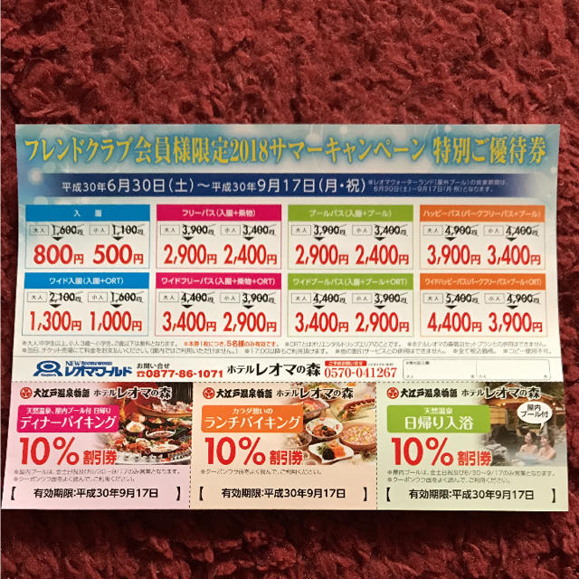 レオマワールド 優待券 2018 チケットの施設利用券(遊園地/テーマパーク)の商品写真