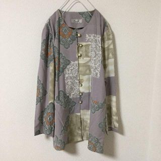 古着 ノーカラー ジャケット シャツ ブラウス アンティーク調 日本製 ポリ(ノーカラージャケット)