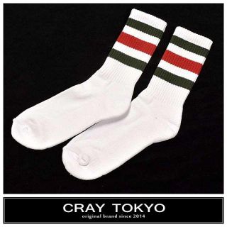 CRAY TOKYO 白×赤×緑 3ストライプ ミドル丈ソックス(ソックス)