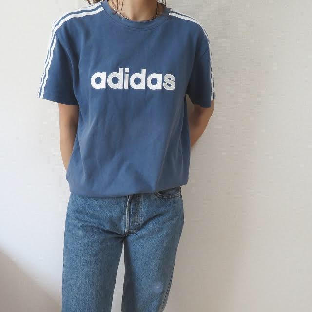 90s adidas 青×白ライン Tシャツ 刺繍ロゴ vintage