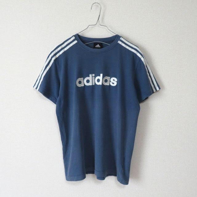 90s adidas 青×白ライン Tシャツ 刺繍ロゴ vintage 2