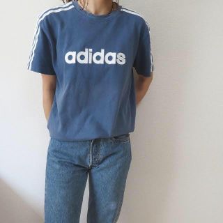 アディダス(adidas)の90s adidas 青×白ライン Tシャツ 刺繍ロゴ vintage(Tシャツ(半袖/袖なし))