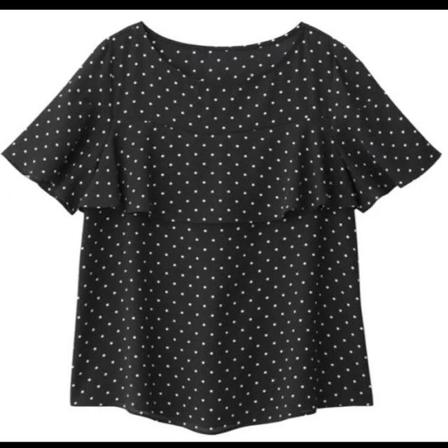 GU(ジーユー)のジーユー GU ドットフリルブラウス (黒×白)(XL) ハンガー用紐無し レディースのトップス(シャツ/ブラウス(半袖/袖なし))の商品写真