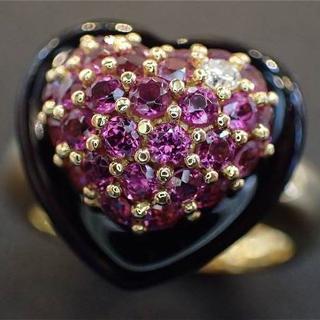 ■K18YGピンクトルマリン&オニキス&ダイヤモンドハート型ファッションリング■(リング(指輪))