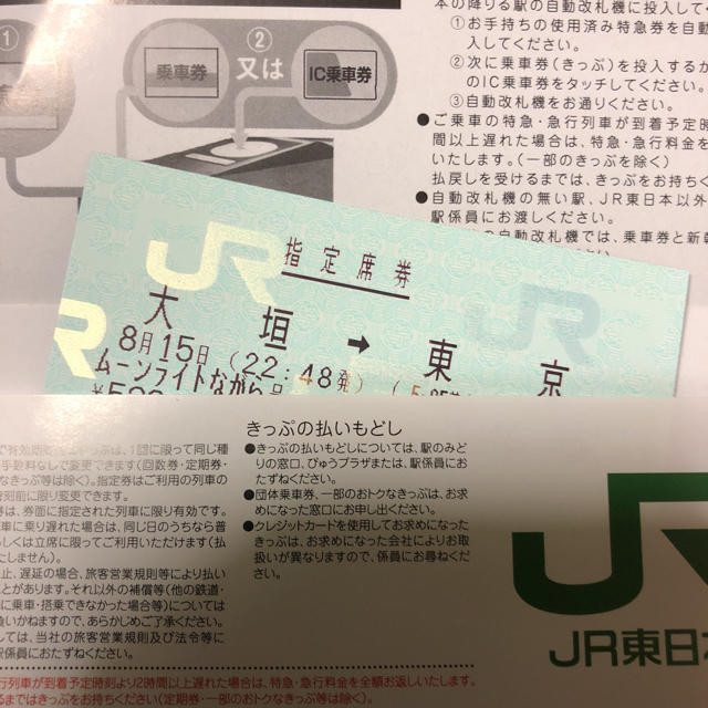 8月15日 上りムーンライトながら 大垣→東京 1枚 チケットの乗車券/交通券(鉄道乗車券)の商品写真