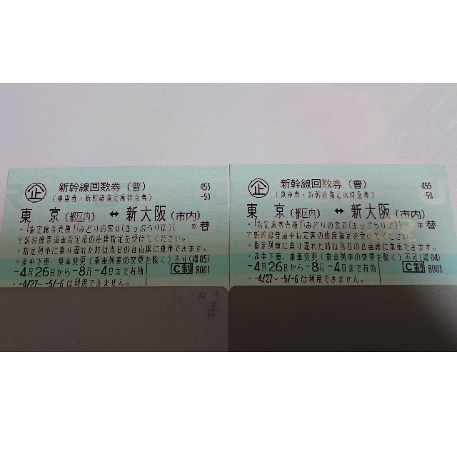 東京=新大阪 新幹線自由席回数券 往復分 6/5迄有効