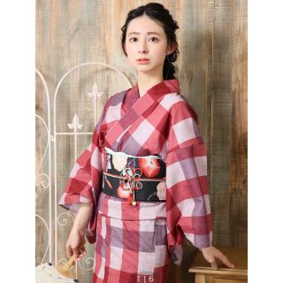 【新品未使用】utatane♡浴衣単品 紅色とラベンダーのブロックチェック(浴衣)