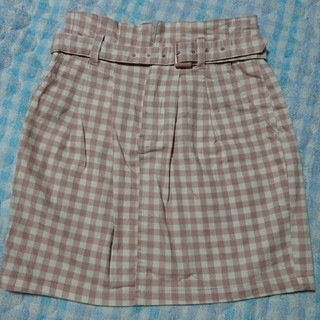 ピンク M ギンガムチェック タイトスカート　ベルト付(ひざ丈スカート)