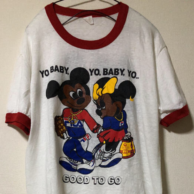 ★ 90sヴィンテージ ミッキーマウス Tシャツ 紺 両面プリント 頬杖ミッキー