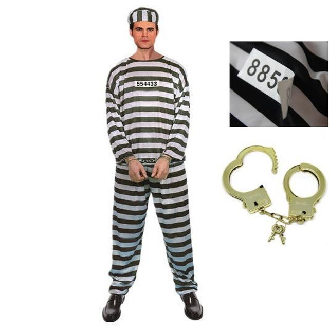囚人服 5点セット(囚人服上下 帽子 囚人番号シール 手錠) //BBS エンタメ/ホビーのコスプレ(衣装一式)の商品写真