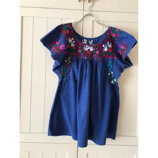 サンタモニカ(Santa Monica)のvintage メキシコ刺繍 tops サンアントニーノ Lサイズ(カットソー(半袖/袖なし))