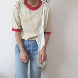 サンタモニカ(Santa Monica)の90s リンガー Tシャツ ベージュ×赤 USA製 vintage(Tシャツ(半袖/袖なし))