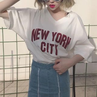 XL ゆったり Vネック Tシャツ ロゴ カットソー 半袖 原宿系 白色AF62(Tシャツ(半袖/袖なし))