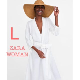 ザラ(ZARA)の新品未使用 ZARA WOMAN リネン リボン ワンピース 白 L(ひざ丈ワンピース)