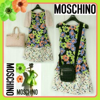 モスキーノ(MOSCHINO)のMOSCHINOモスキーノ💗フラワーツイード スイートワンピ重ね着OK M相当(ミニワンピース)