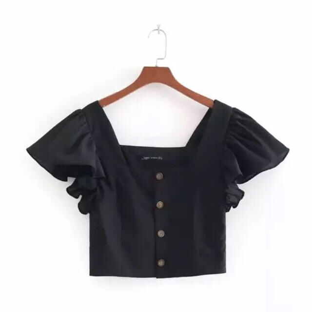 ZARA(ザラ)の新品★フリル ショルダー トップス リネン ZARA好きな方♡ ブラック レディースのトップス(シャツ/ブラウス(半袖/袖なし))の商品写真