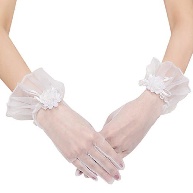 ショート丈 ウエディンググローブ オーガンジー オフホワイト レディースのフォーマル/ドレス(ウェディングドレス)の商品写真